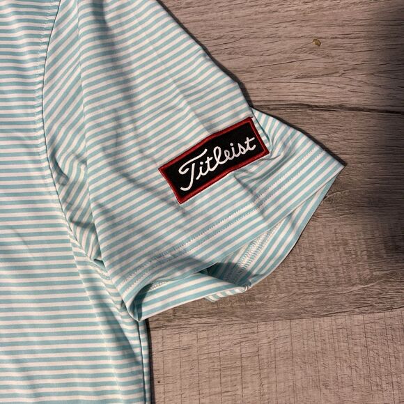 FootJoy FJ Titleist Golf Polo Shirt Mens M Blue White Striped Performance Logo - Picture 2 of 7